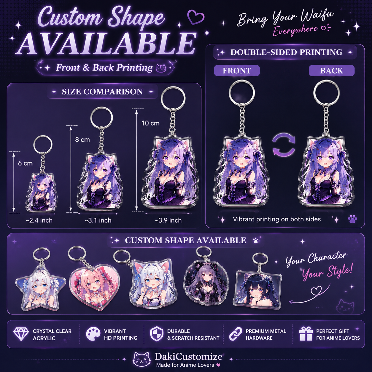 Custom VTuber acrylic keyring with transparent background – durable double-sided print charm