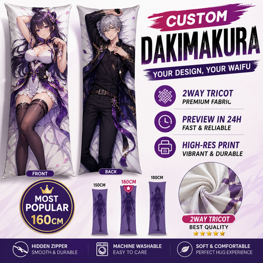 Custom dakimakura body pillow case with anime print – 2WAY Tricot fabric, 160x50cm most popular size