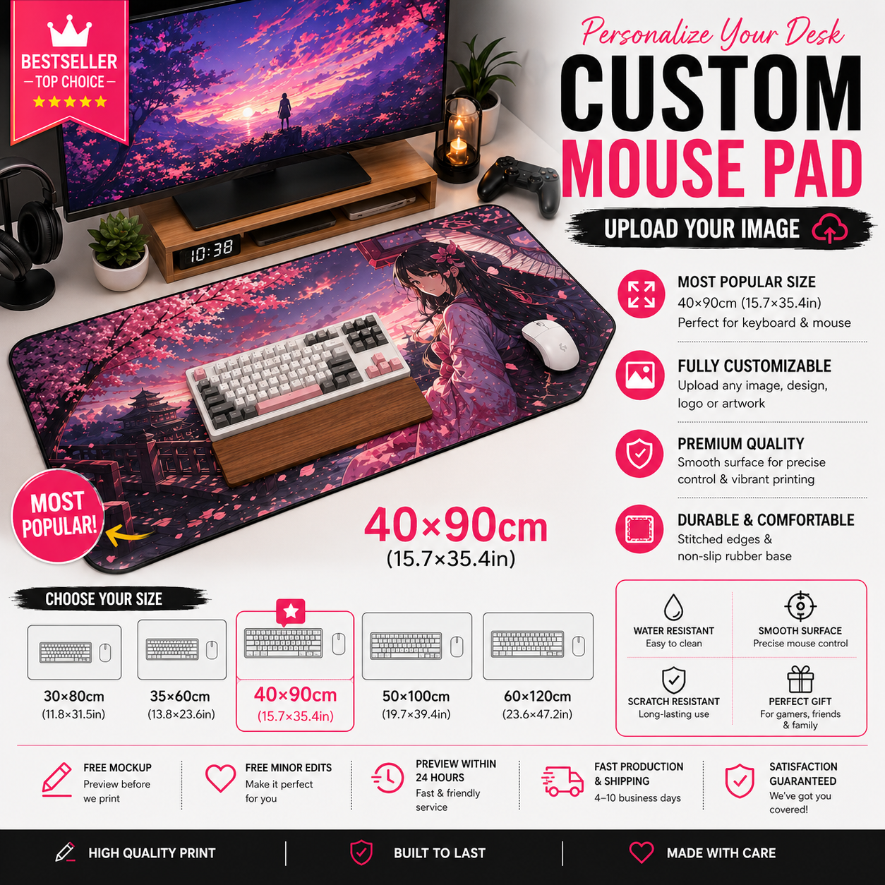 Custom anime desk mat with full-color print – personalized waifu or VTuber artwork, multiple sizes