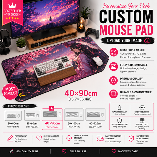 Custom anime desk mat with full-color print – personalized waifu or VTuber artwork, multiple sizes