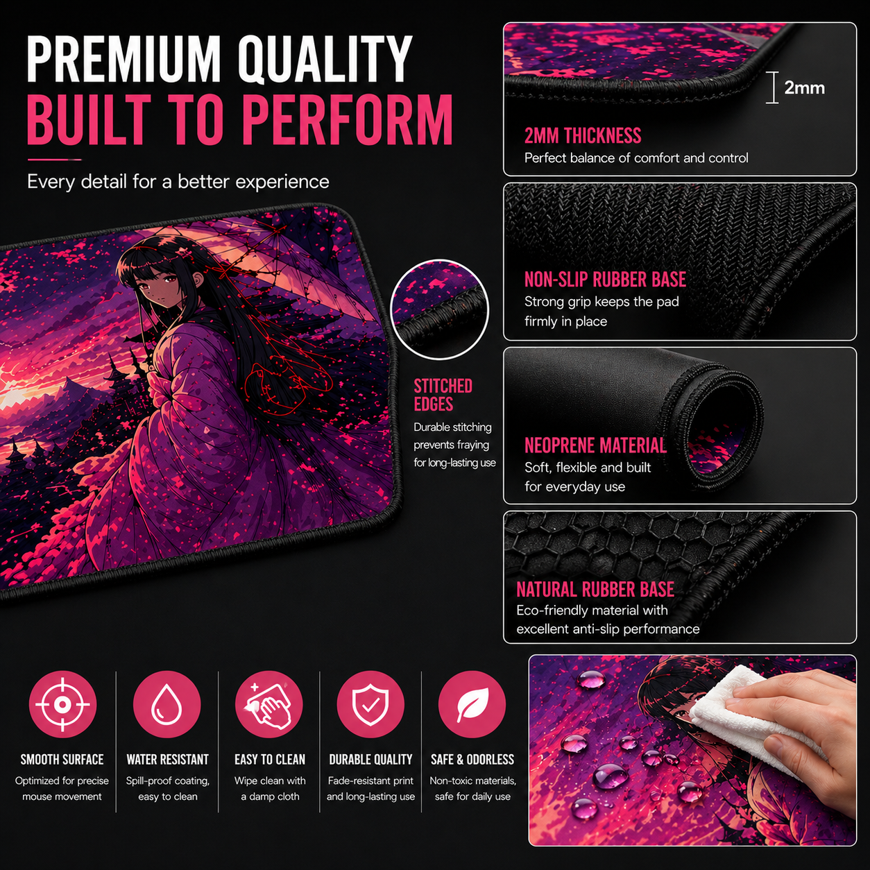 Custom anime mousepad close-up – non-slip rubber base, smooth surface for gaming and desk setup