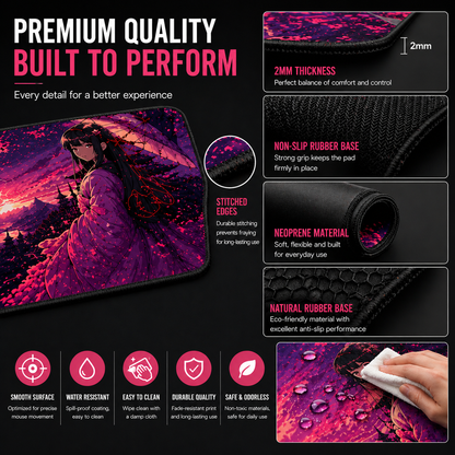 Custom anime mousepad close-up – non-slip rubber base, smooth surface for gaming and desk setup