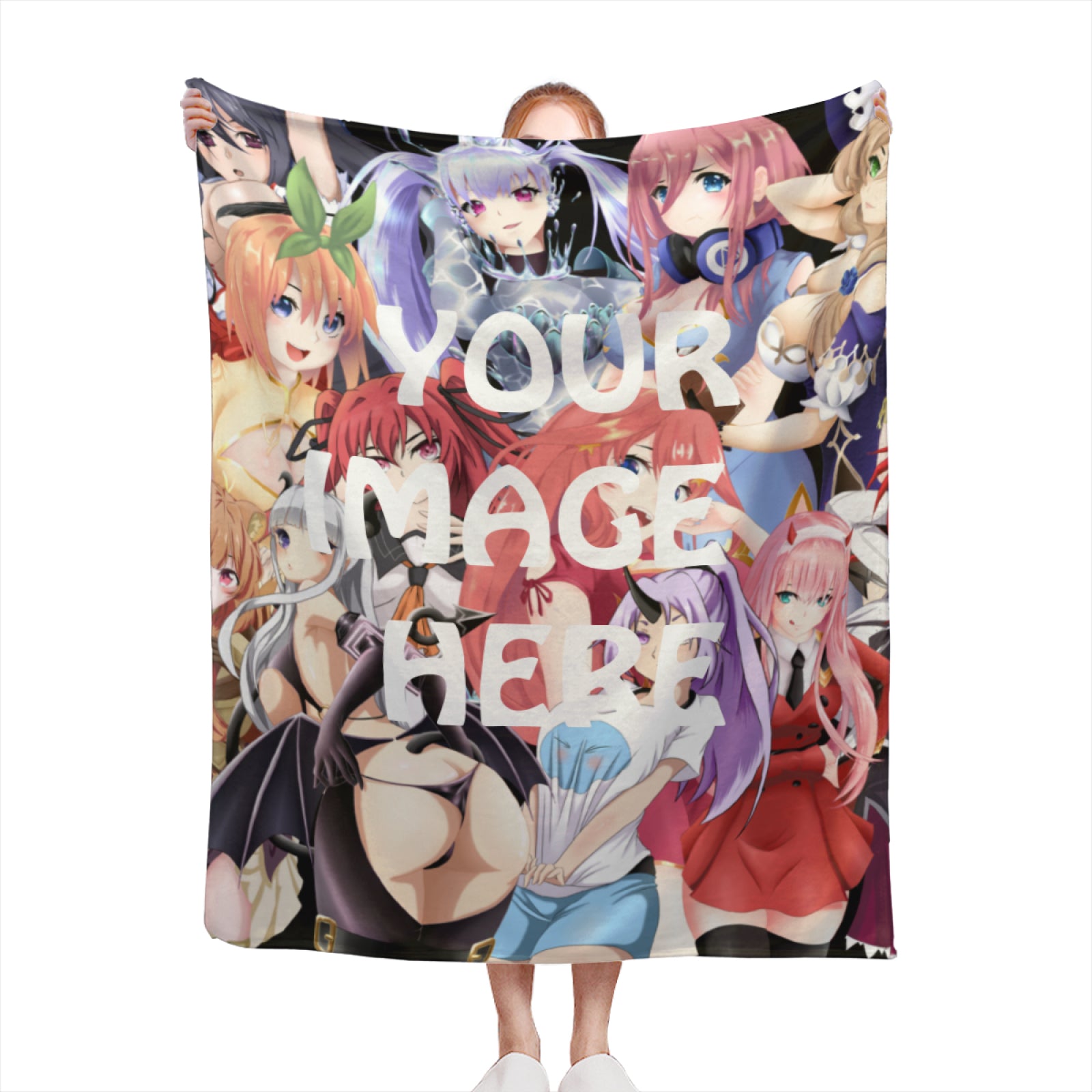 Custom anime throw blanket with full-color print – personalized waifu or VTuber artwork on fleece