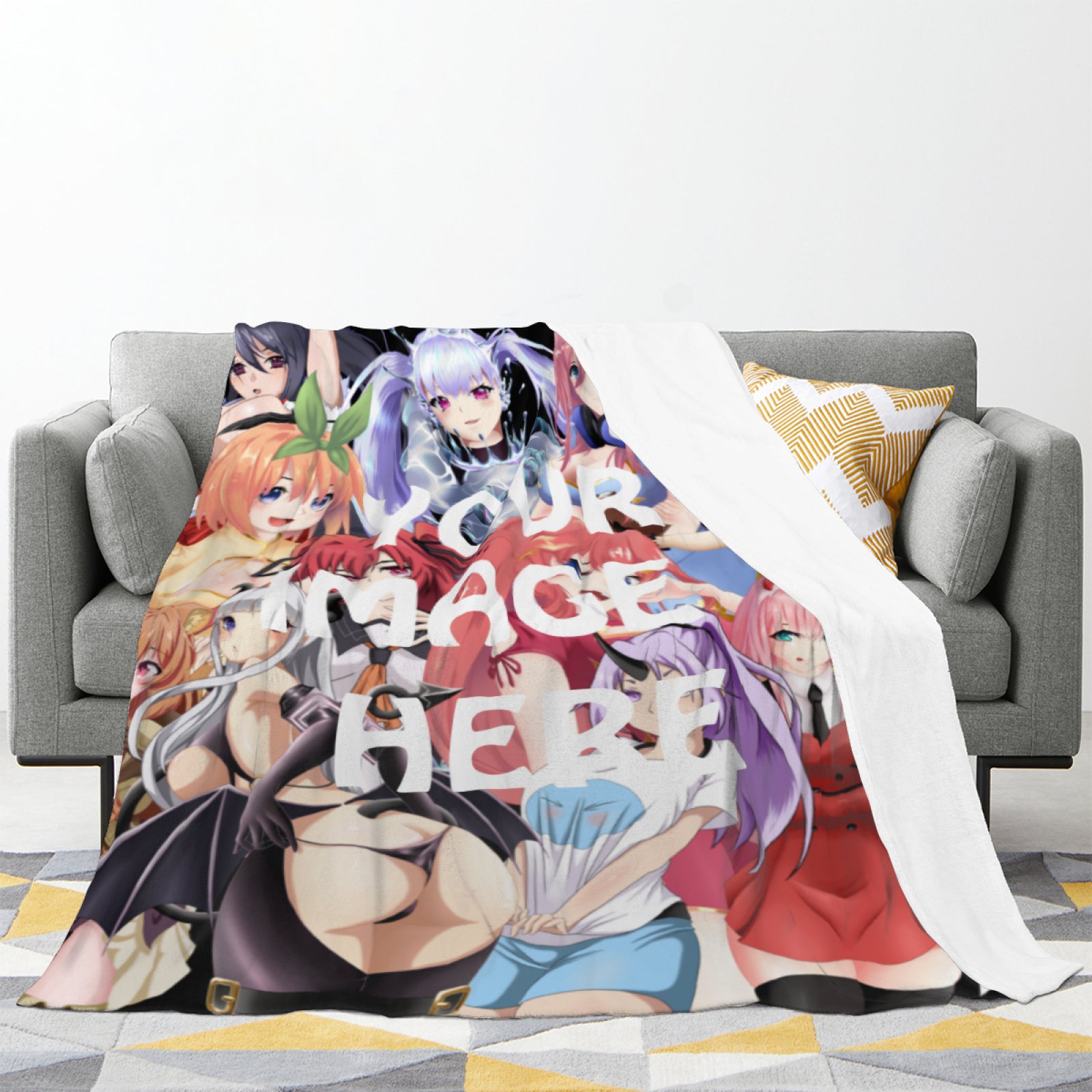 Person wrapped in custom anime blanket – soft fleece, available in 30x40 to 60x80 inch sizes