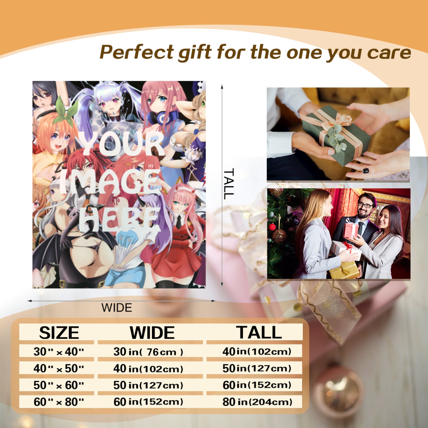 Custom anime blanket size options displayed – DakiCustomize personalized waifu throw blanket