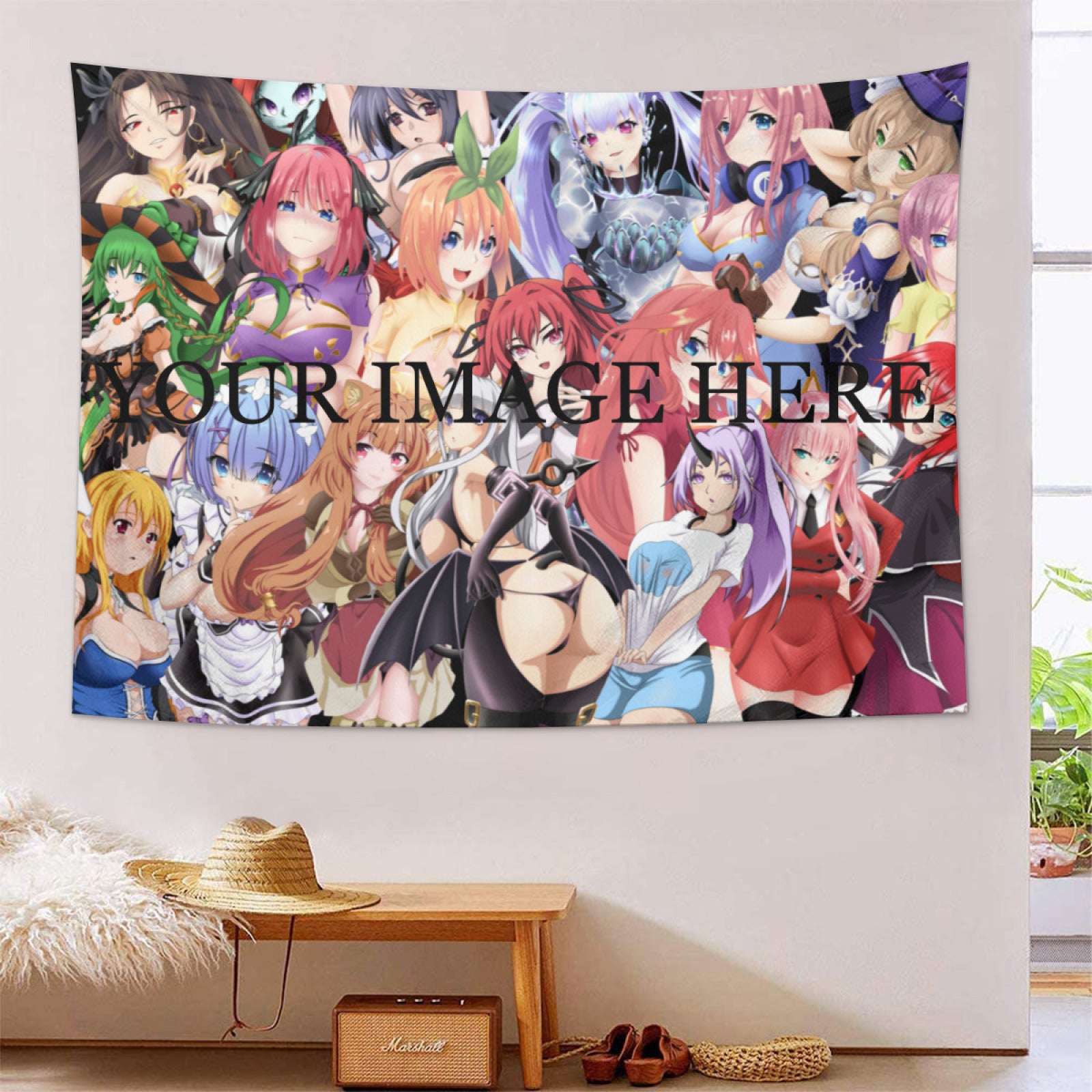 Custom anime tapestry hanging on wall – personalized VTuber or waifu artwork room decor