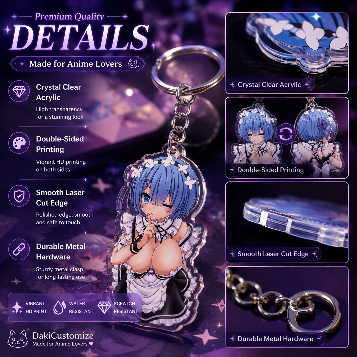 DakiCustomize acrylic keychain close-up showing double-sided print clarity and keyring hardware