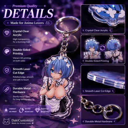 DakiCustomize acrylic keychain close-up showing double-sided print clarity and keyring hardware