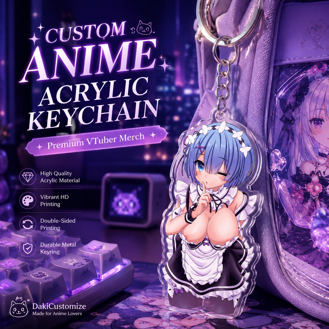 Custom anime acrylic keychain – double-sided personalized VTuber or waifu charm, 5cm and 7cm sizes
