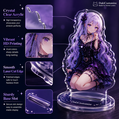 DakiCustomize custom acrylic standee on desk – clear base, vibrant full-color anime character print