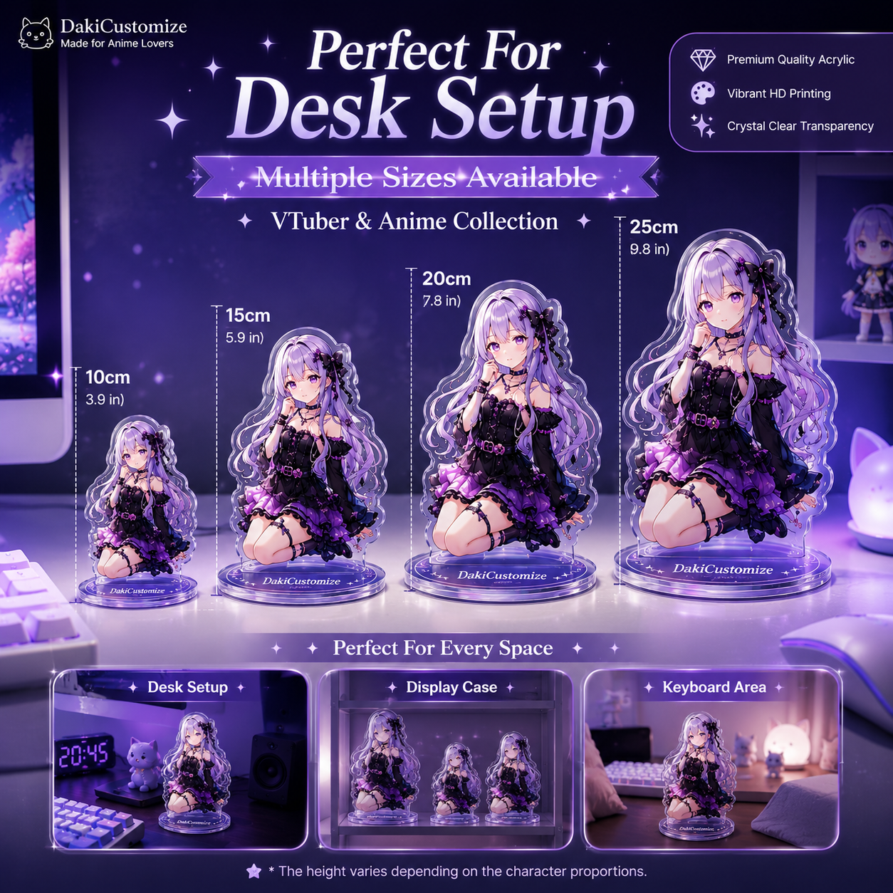 Personalized VTuber acrylic standee size comparison – bulk order options for anime merch or events