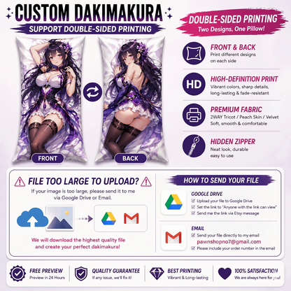 Custom printed dakimakura pillow case flat lay – print your own anime character or waifu artwork
